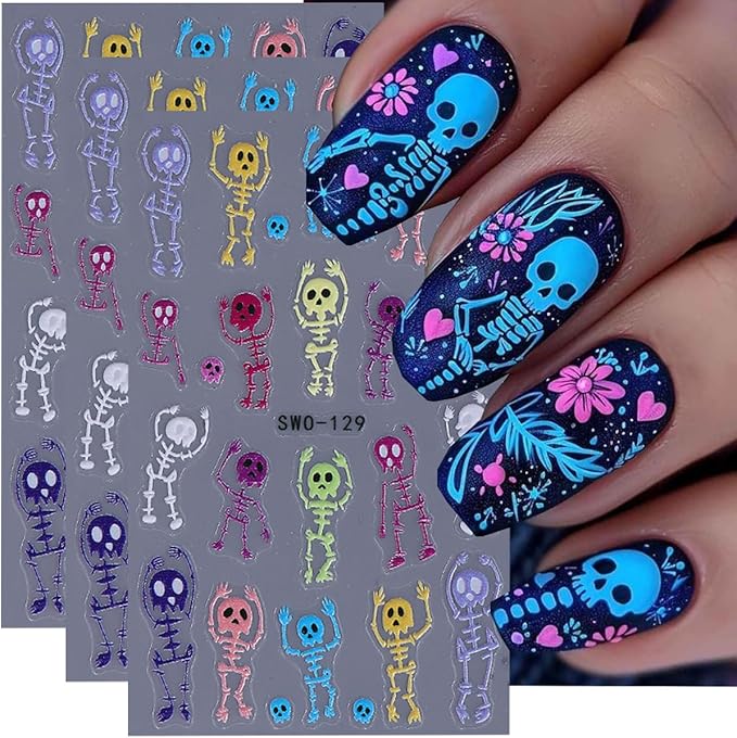 Halloween Nail Art Stickers Decals 5D Embossed Skeleton Nail Stickers 3PCS Rainbow Color Skull Skeleton Halloween Nails Design Adhesive Sticker Manicure Sliders for Women Holiday Nail Art Decorations