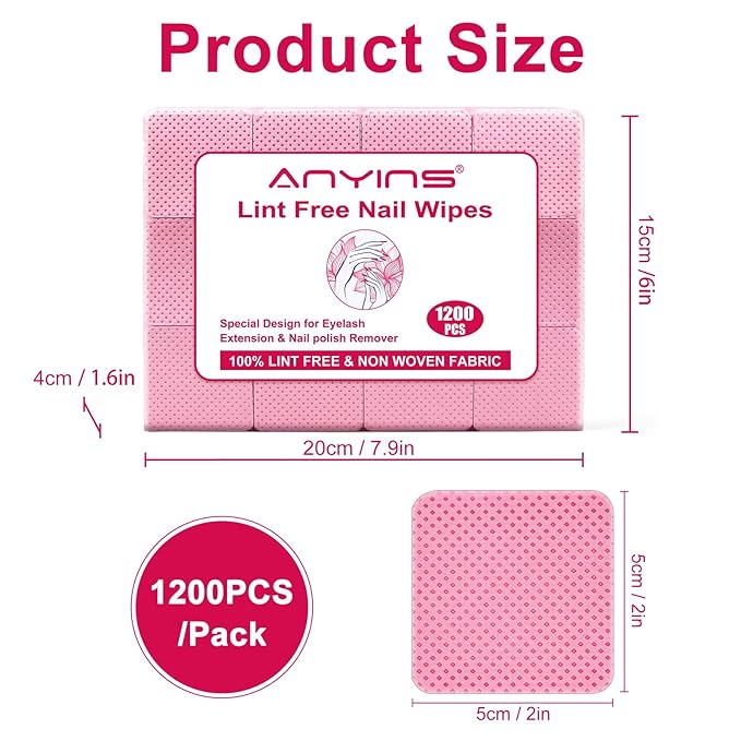 Lint Free Nail Wipes, 1200PCS Pink Lint Free Wipes Non-woven Fabric Gel Polish Remover Super Absorbent Soft Nail Polish Remover for Nail Salon, Home DIY