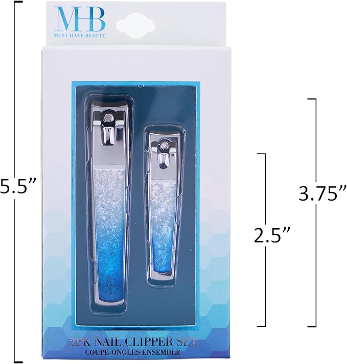 2pc Nail Clipper Set - Big & Small Precision Nail Clippers Value Pack, Water-Resistant Pink Nail Clippers with Comfortable Silicone Grip (Blue)