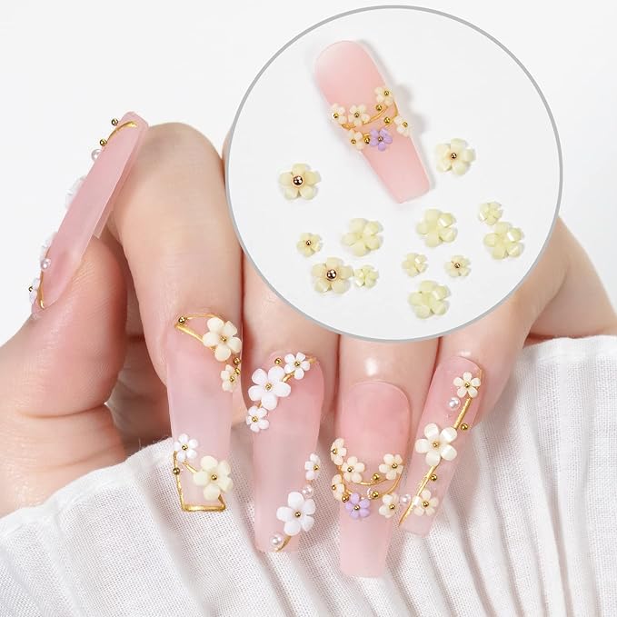 3D Flower Nail Charms for Nails Colorful Flowers Flatback Nail Rhinestones Pink White Black Blue Acrylic Flower with Round Pearls Gold Silver Beads Nail Art Supplies Manicure DIY Nail Decorations