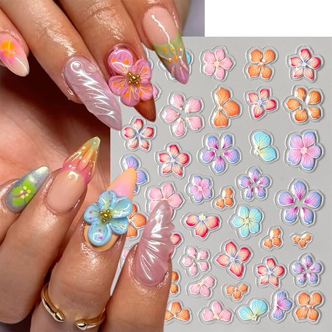 4 Sheets Flower Nail Art Stickers 5D Embossed Colorful Spring Summer Nail Sticker Self Adhesive Five-Petaled Floral with Gold Beads Glitter Design Floral Nail Decals for Women and Girls DIY Nails