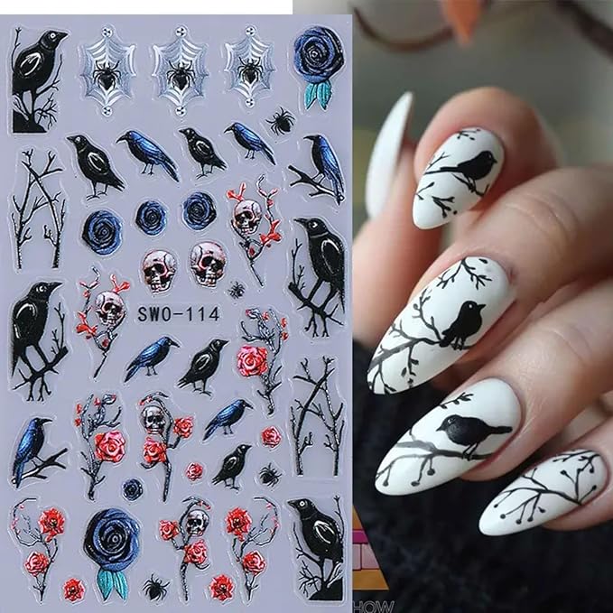 2 Sheets Halloween Nail Art Stickers 5D Embossed Black Bird Nail Decals Dark Skull Crow Dead Tree Nail Design Manicure Sliders Self-Adhesive Horror Halloween Nail Accessories for Women Nail Art