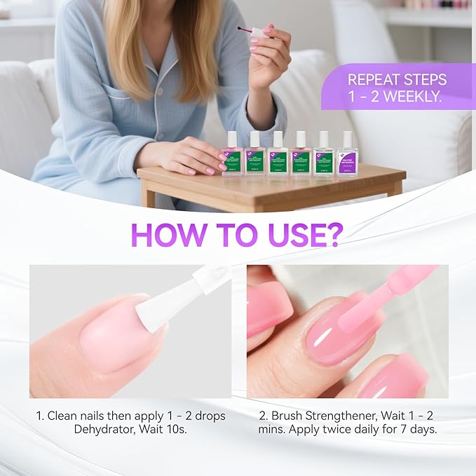 Gelike EC Nail Strengthener Dehydrator Kit: Soft Pink 6-in-1 Strengthener and Dehydrator Set for Stronger in 14 Days - Vegan Allergy-Friendly for Gel Lovers & Sensitive Users