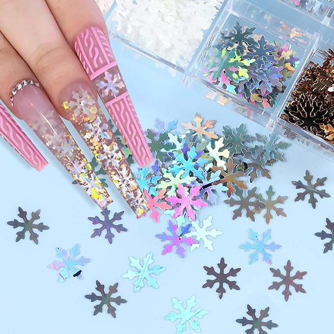 6 Grids Snowflake Nail Art Stickers Decals 3D Snowflake Nail Glitter Sequins Holographic Laser White Red Gold Silver Snowflake Glitter Flakes Winter Christmas Snow Nail Art Glitter Decoration