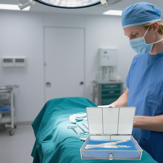 Sterilization Tray with Lid & Silicone Mat – 9.84"x5.9"x2" (25x15x5cm), 304 Stainless Steel Instrument Tray – Perforated Mesh Instrument Basket for Medical, Surgical, Dental Clinics, Hospitals & Labs