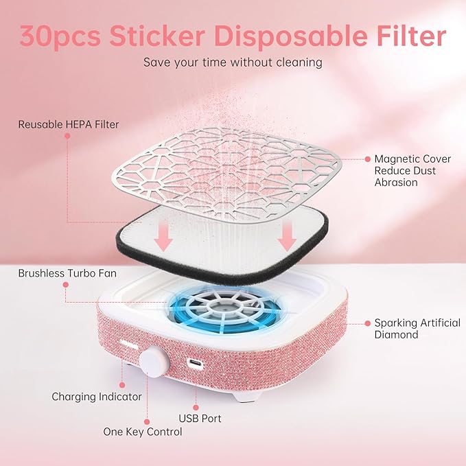 Nail Dust Collector, Cordless Dust Collector Nail Tech, Compact Powerful 6000RPM Nail Vacuum Fan Rechargeable Dust Extractor for Acrylic Gel Polish Manicure Pedicure for Home, Pink