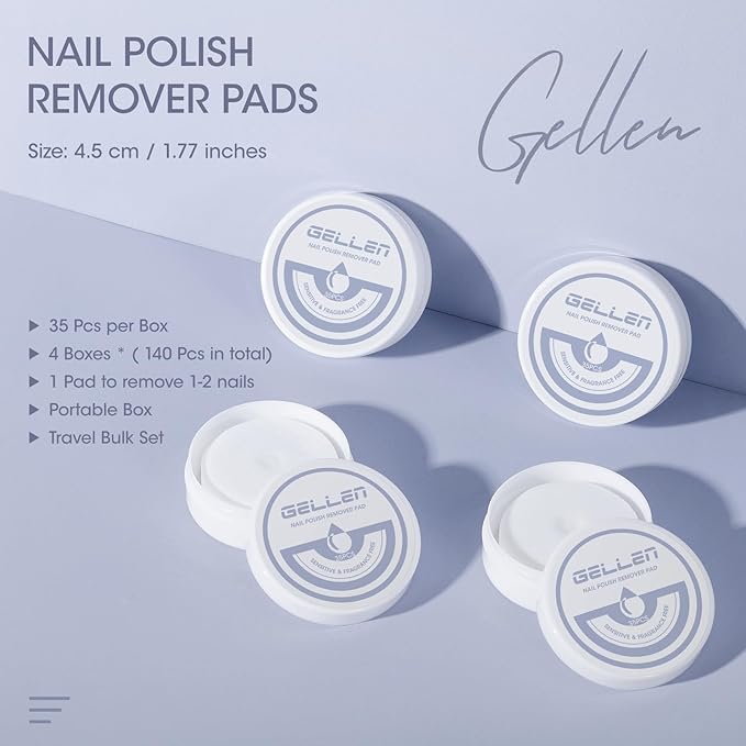 Gellen Non Acetone Nail Polish Remover Pads, Fragrance Free Nail Polish Remover Wipes, No Drying Formula Vitamin E & Jojoba Oil, 140pcs Travel Size Bulk Set, No Leakage, Long-lasting For 12+ Months