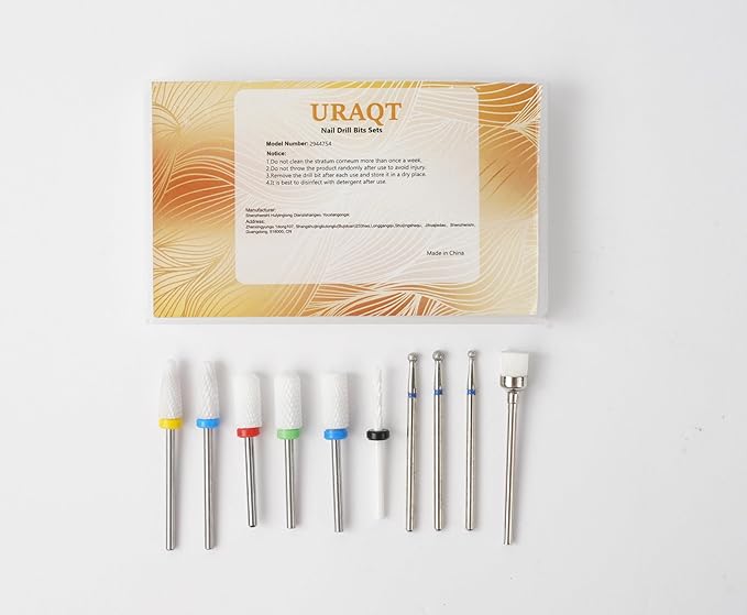 URAQT Ceramic Nail Drill Bits Sets, 10 pcs Electric Nail Drill Bits Kit 3/32", Professional Cuticle Polishing Bits for Acrylic Gel Nails, Electric Nail Files Manicure Pedicure Drill Tool