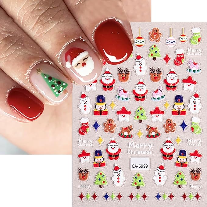 4 Sheets Christmas Nail Stickers for Nail Art, Cute Santa Claus Xmas Tree Christmas Nail Art Stickers 5D Embossed Snowmen Snowflake Design Winter Nail Decals for Women Holiday Manicure Decoration