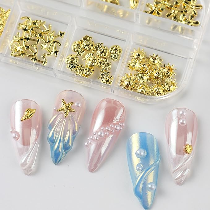 Metal Beach Nail Art Charms 3D Gold Marine Life Nail Charms with Seahorse Shell Starfish Designs Nail Rhinestones for Acrylic Nails Golden Palm Tree Flowers Nail Jewelry for Women Summer Nails Supply