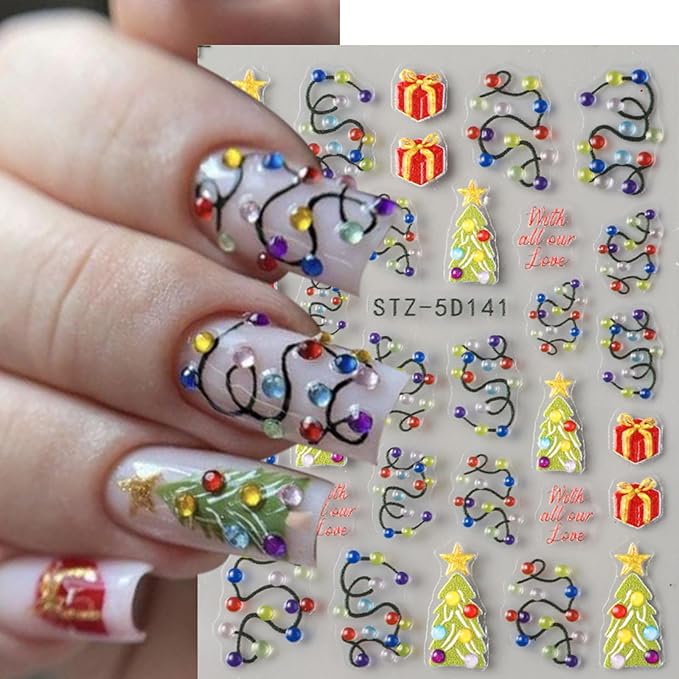 2Pcs Christmas Colorful Light Nail Art Stickers 5D Embossed Nail Decals Neon Lamp Xmas Tree Gifts Design Manicure Sliders Self-Adhesive Winter Nail Art Supplies for Women New Year Nail Decoration