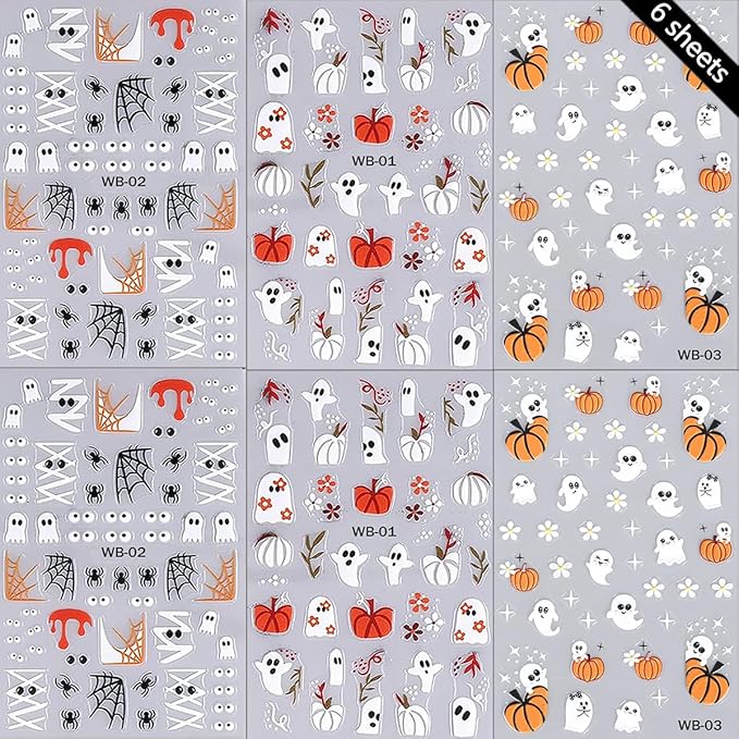 6 Sheets Halloween Cute Ghost Nail Stickers for Nail Art 3D Self-Adhesive Glitter Pumpkin Spider Web French Nail Art Decals Black White Halloween Starlight Nail Decals for Women DIY Manicure Art Kit