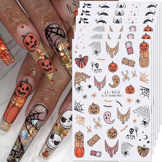 Halloween Nail Art Stickers Glitter Pumpkin Spider Web Nail Decals 3PCS Ghost Spider Gold French Tip 3D Self-Adhesive Design Halloween Nail Stickers Nail Art Supplies for Women DIY Manicure Decoration