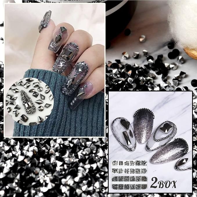 2630Pcs Mine Black Nail Rhinestones 120 Multi Shapes Metallic Black Big Gems Nail Charms +2510 Flatback Rhinestones Round Beads K9 Glass Stones Nail Art Diamonds jewels for Nails Eyes Makeup Crafts