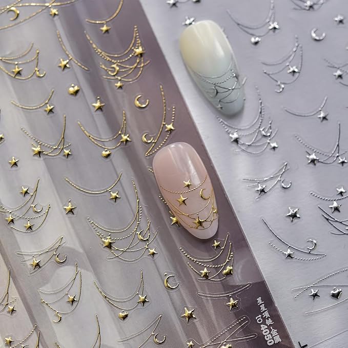 2 Sheets Star Nail Decals with Line Design, Gold Silver Star Nail Design Stickers, 3D Self-Adhesive Nail Stickers for Women DIY Daily Manicure Decoration Supplies Acrylic Nails Decoration