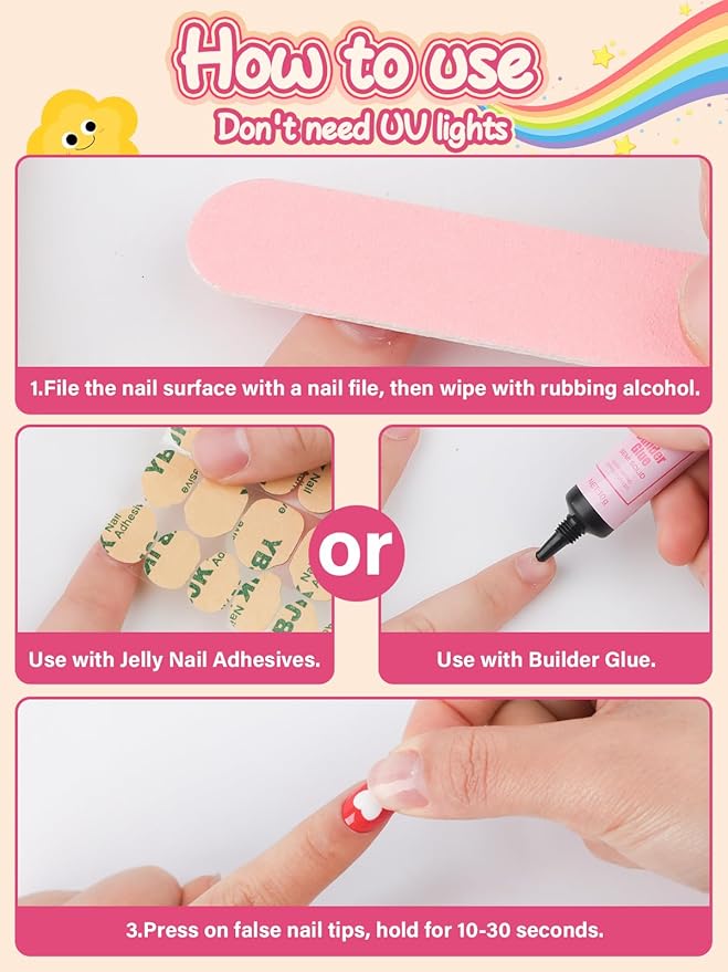 26 Pcs Kids Press on Nails Set, EBANKU Fake Nails for Girls 5-12 Years Pink Grid Heart False Nails with Nail Glue, Short Full Cover Press on Nails Tip for Child