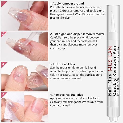 2PCS 18g Solid Nail Glue Gel with 6ml Remover Pen,Super Strong Nail Glue & Quick Drying Remover for Press On Tips No Need for UV Lamp Magic Click Removal Pen Powder Design