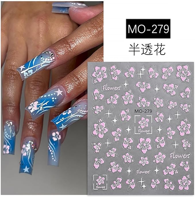 6Sheets Hibiscus Flower Nail Stickers, 3D Self-Adhesive Nails with Luxury Rhinestones - Blue Pink Nail Set Supplies for Women