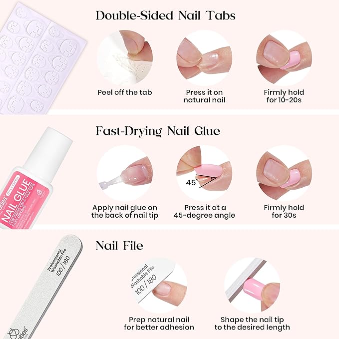 Beetles Press On Nails Kit - Bubble Pop | 720Pcs 24 Colors Short Square Press On Nails | 15 Sizes French Glossy Glitter With Nail Glue & Nail Tabs Stickers, Fake Nails Kit Art For Women