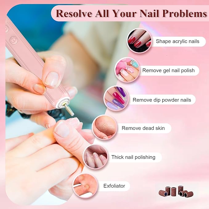 Professional Nail Drill Set, 2,0000 RPM Electric Nail File with 12 Grinding Head & 100Pcs Sanding Bands for Acrylic Gel Nails, Manicure and Polishing (Pink)