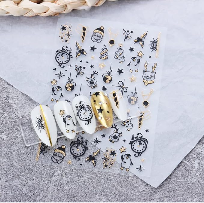 Christmas Nail Art Stickers Gold Glitter Clock Butterfly Xmas Nail Decals 6PCS Shiny Clock Crystal Ball Deer Penguins Design Self-Adhesive Christmas Nail Stickers for Women Holiday Nail Art Decoration