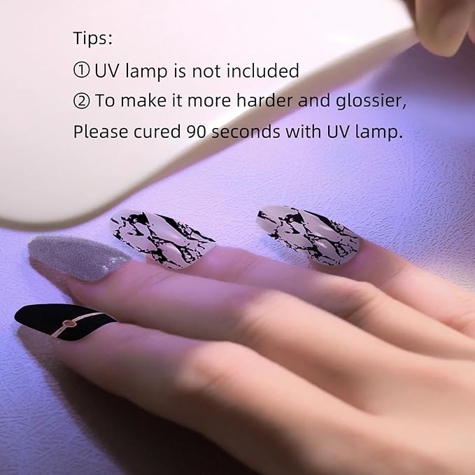 WOKOTO Semi Cured Gel Nail Strips (Black Glitzy)-16 Pcs Gel Nail Stickers | Gel Nail Wraps | UV Light Required, Salon Quality & Easy to Use, Real Nail Polish Strips Stick On Nails with Nail File
