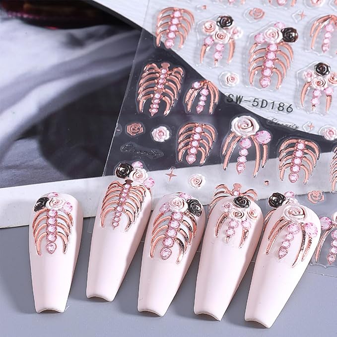 5D Embossed Halloween Nail Stickers for Nail Art Kit 3 Sheets Halloween Skull & Skeleton Nail Art Stickers Decals Gothic Nails Design Rose Gold Hand Bone Nail Supplies for Women Holiday Nails Decor