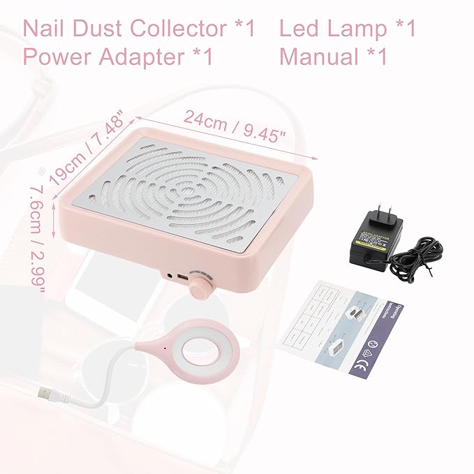 VOCOSTE Nail Dust Collector with Lamp, Nail Vacuum Dust Collector Kit, Low Noise Nail Fan Dust Collector, Dust Collector Nail Tech for Manicure Acrylic Gel Nails Polishing, Pink
