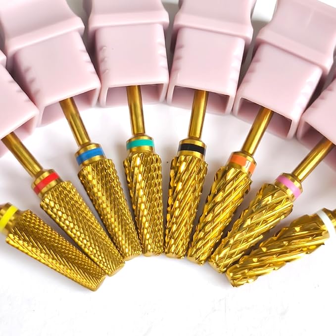 Super Cut 5 In 1 Nail Drill Bits,Tapered 3/32'' Safety Tungsten Bits, Upward Cut for Hard Gel Removal, Right Hand Use, Manicure Cuticle Gel Polishing, Technicians Bits, Gold, Extra Fine.