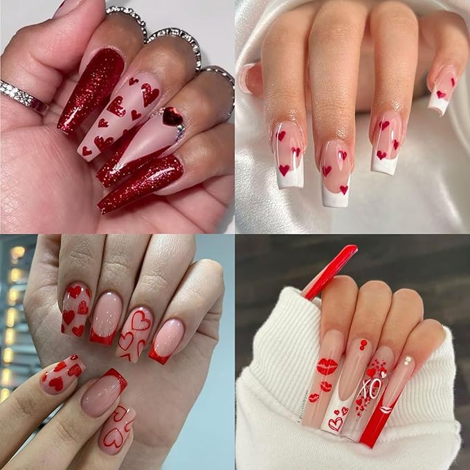 6pcs Valentine's Day Nail Art Stickers 3D Heart Shape Self-Adhesive Cute Bear White Red Pink Love Heart Design Nail Decals Gold Curve Design Nail Decals Suitable for Women Girls Nail Art Decoration