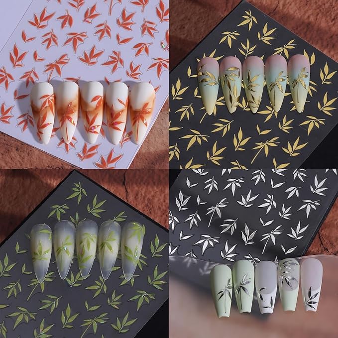 5 Sheets Fall Leaves Nail Art Stickers 3D Self-Adhesive Gold Silver Blue Green Leaf Autumn Leaves Nail Stickers Fall Orange Leaf Design Thanksgiving Day Nails Supplies for Women Manicure Decoration
