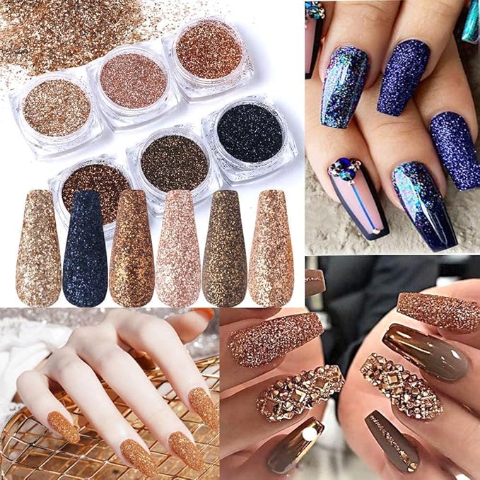 6 Boxes Holographic Sugar Glitter Nail Art Sequins Kits 3D Metallic Shining Flakes Acrylic Powder Dust for Women Nails Design Manicure Decorations
