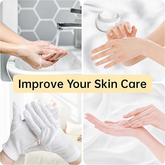 HandLove Premium 100% Cotton Gloves | Moisturizing Gloves for Dry Hands & Eczema | Overnight Sleeping Gloves, Eczema Gloves | White Floral Dots, 12 Pairs