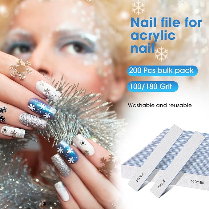 200 Pcs 100/180 Grit Nail Files, Reusable Nail File Double Sided Emery Boards for Acrylic and Gel Nails, Professional Fingernail File Manicure Tools for Filer Salon Pedicure Beauty(Rectangle)