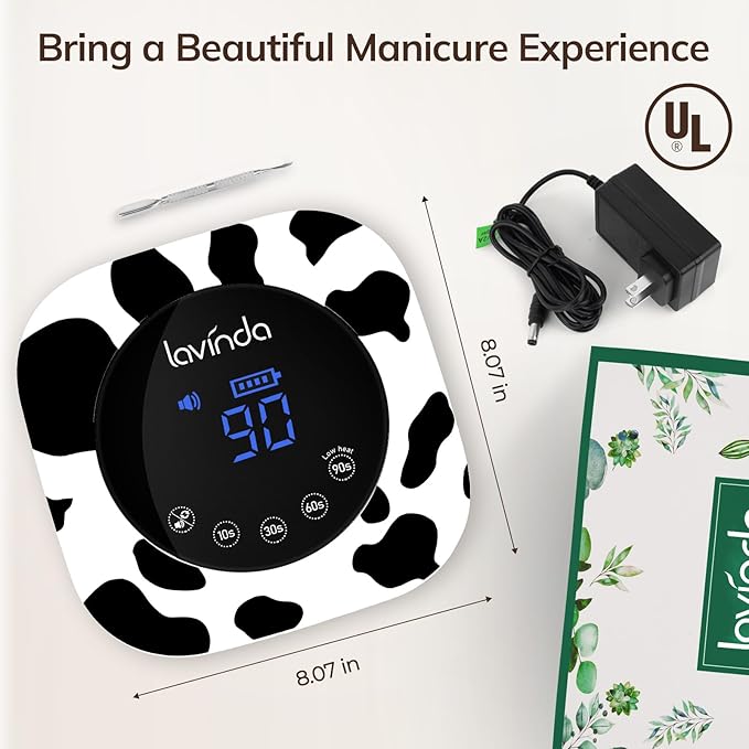 Lavinda LED Nail Lamp UV Light for Gel Nails Cordless Rechargeable UV Lamps Nail Light with 4 Timer, 2X Faster Professional Gel Polish Curing Nail Dryer for Salon Use-Cow Print