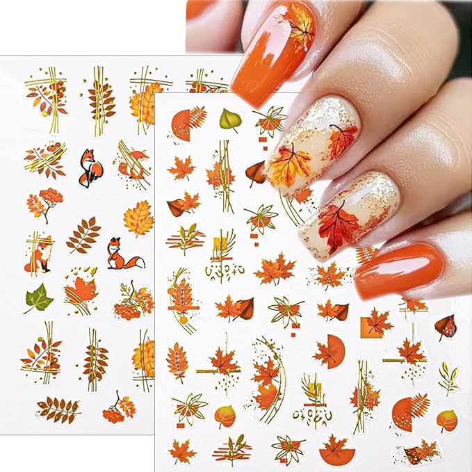6 Sheets Fall Maple Leaf Nail Art Stickers 3D Self-Adhesive Glitter Gold Gilding Line Nail Design Stickers Cute Fox Pumpkin Nail Decals Thanksgiving Nail Art Decorations for Women Acrylic Manicure DIY