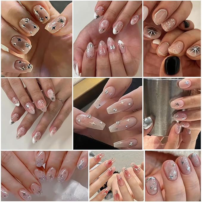 10PCS Silver Nail Stickers for Metallic Nail Art Decals, 3D Glitter Shiny Laser Silver Star Moon Sun Heart Self-Adhesive Sticker Nail Designs Stars Nail Stickers for Nails DIY Nail Tip Manicure Decor