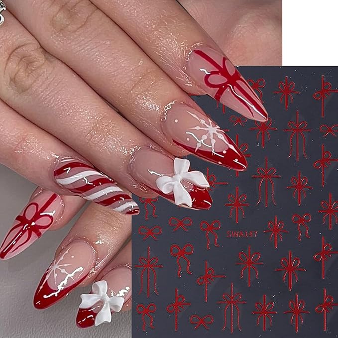 Christmas Nail Art Stickers Bow Nail Decals 3D Self Adhesive Nail Stickers for Nail Art Mixed Shaped Green Red Gold Design Cute Nail Sticker for Women DIY Holiday Manicure Supplies 6 Sheets