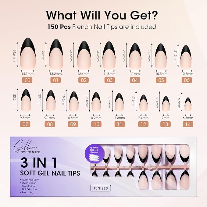Gellen French Gel Nails, Soft Almond French Tip Press on Nails 150 Pcs, Classic Pink French Tip Nails, 3 in 1 No Need to File Natural Full Cover Tips 15 Sizes, Glue On Nails for Women Nails Art