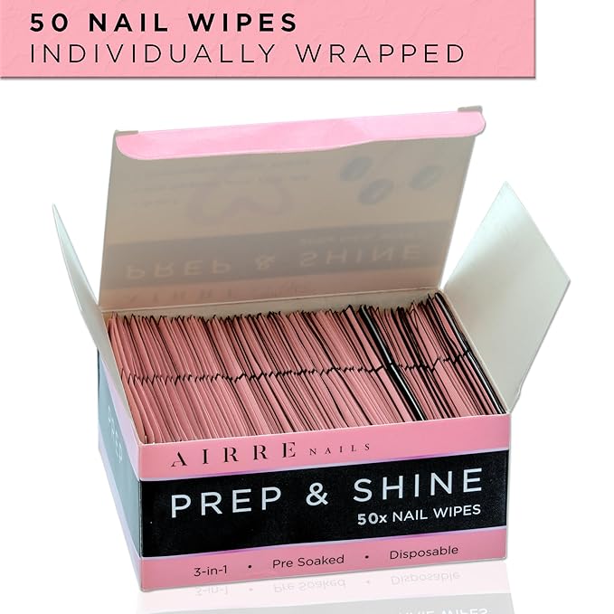 AIRRE 50 Professional Alcohol Prep & Shine Nail Wipes (3in1) Alcohol Wipes for Gel Nails, Acrylic Nails, Press-On Nails & Tips. Removes Sticky Gel Layer Residue, Preps UV/LED Gel Polish & False Nails