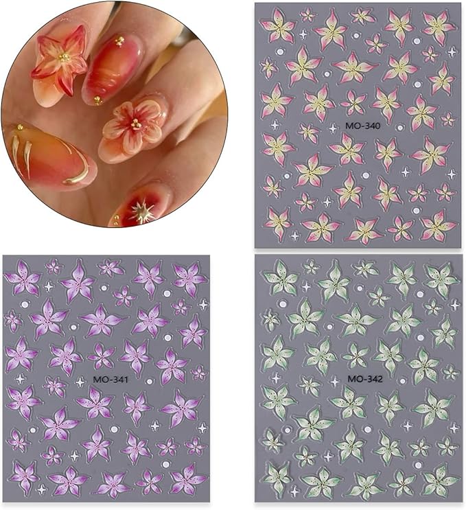 3 Sheets Flower Nail Decals, Lily Nail Stickers, 3D Self-Adhesive Nail Design Stickers for Woman Daily Festival DIY Pink Purple Green Floral Manicure Decoration Supplies