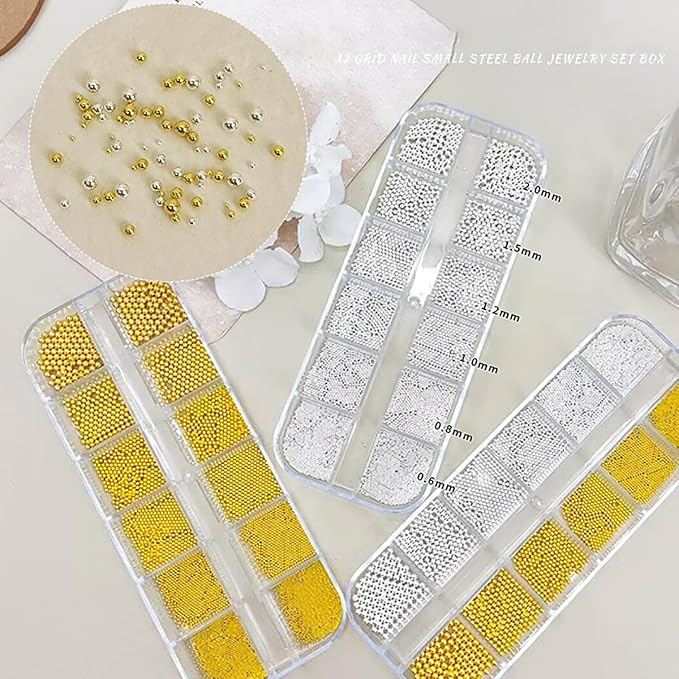 0.8mm Caviar Beads for Nails 6 Sizes Mini Small Stainless Steel Nails Art Decorations Gun Grey Beads DIY Tool Studs Accessories Gold Charms for Nails Small Gems Variety Pack(Yellow)