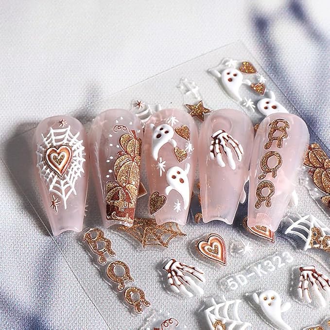 5D Embossed Halloween Nail Stickers for Nail Art Cute Ghost Nail Art Stickers Self-Adhesive Pegatinas Uñas Bear Pumpkin Fall Glitter Designs Spooky Skeleton Nail Decals Supplies for Nail Decoration