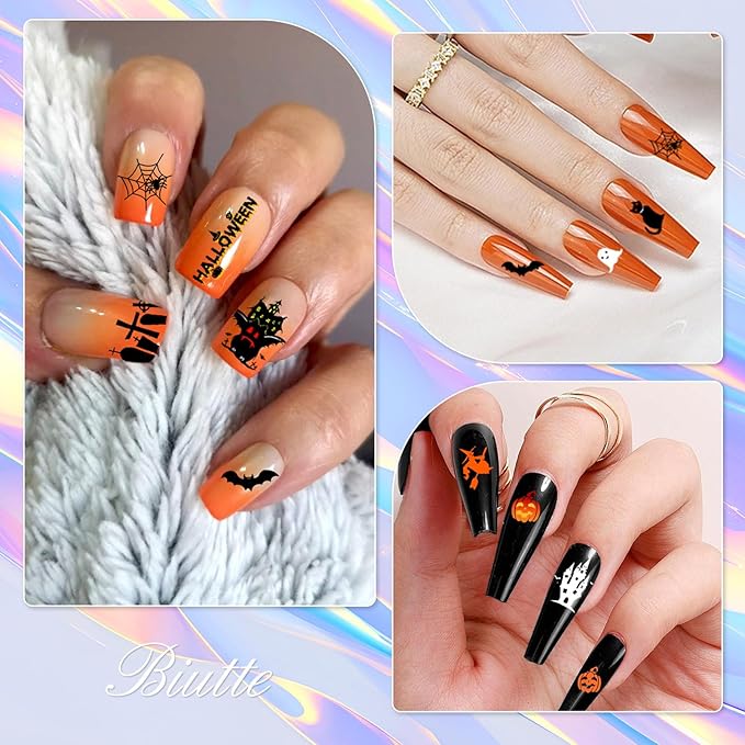 Biutee Nail Stamper Kit 12Pcs Nail Art Stamping Plate 8 Colors Stamp Polish Gel with Top Coat and Base Coat Set Silicone Stamper Scraper, Nail Stamp Plates Love Flower Butterfly Leaf Halloween Design