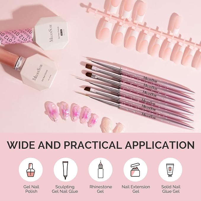 MelodySusie 6pcs Nail Art Brushes Set, Professional Pen Nail Gel Brush, Nail Extension and Builder Brush, Liner Brush 3 Sizes, Fashion Design for Home DIY Salon Use, Rose Gold
