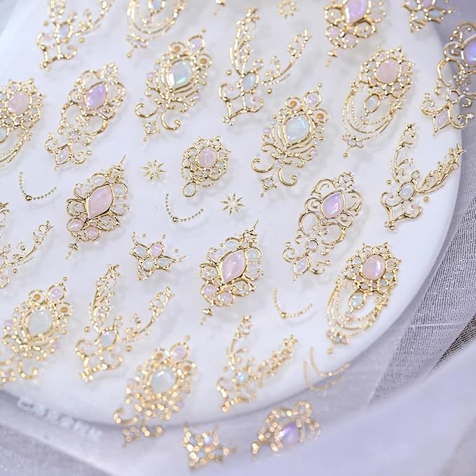 1 Sheets Gold Nail Stickers for Nail Art Holographic Laser Embossed Nail Art Stickers Gems Designs Nail Decals 5D Self-Adhesive Summer Fall Nail Decoration for Women Nail Supplies
