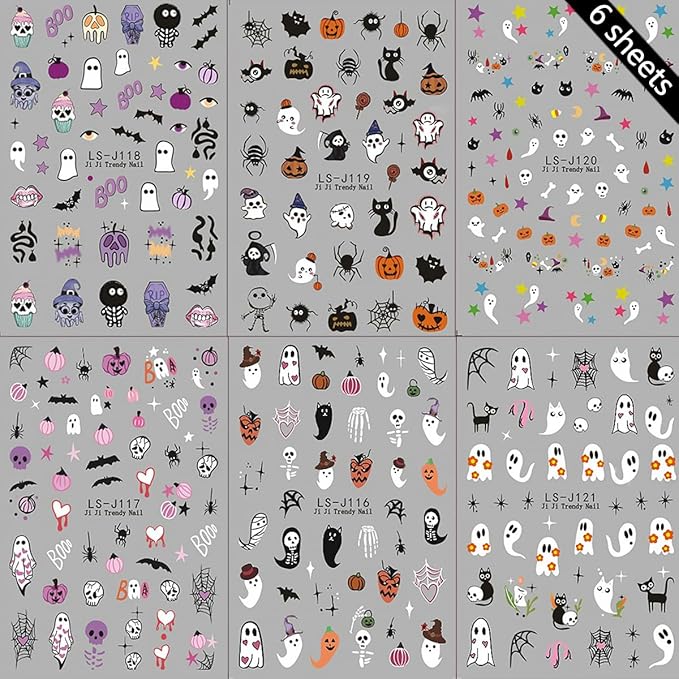 6 Sheets Cute Ghost Nail Art Stickers Halloween Nail Decals 3D Self-Adhesive Spider Bat Pumpkin and Bone Design Nail Sticker Halloween Acrylic Nail Art Decoration for Women DIY Holiday Manicure Tip