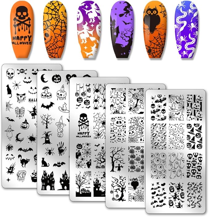 PH PandaHall 5pcs Halloween Nail Stamping Plate, Ghost Witch Nail Stencils Skull Pumpkin Nail Stamps Nail Art Stamping Plate Stainless Steel Print Nail Stencils for Nail Art Design Manicure Salon