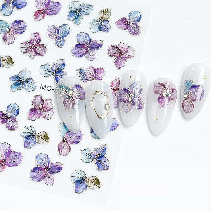 4 Sheets Shiny Flower Nail Stickers for Nail Art 3D Glitter Purple Golden Flower Nail Design Stickers Purple Golden Glossy Nail Decals Holographic Nail Supplies for Women DIY Nails Art Decoration