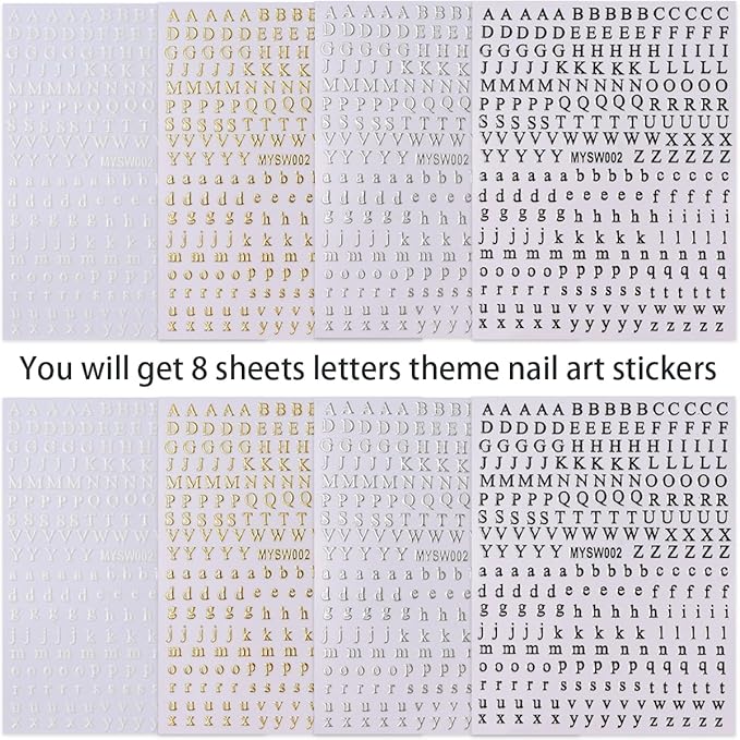 8 Sheets Letter Nail Stickers - 3D Self-Adhesive English Alphabet Nail Decals - Black, White, Gold, Silver - Big & Small Letter Nail Art Design Stickers for DIY Acrylic Nail Art Decorations & Charms